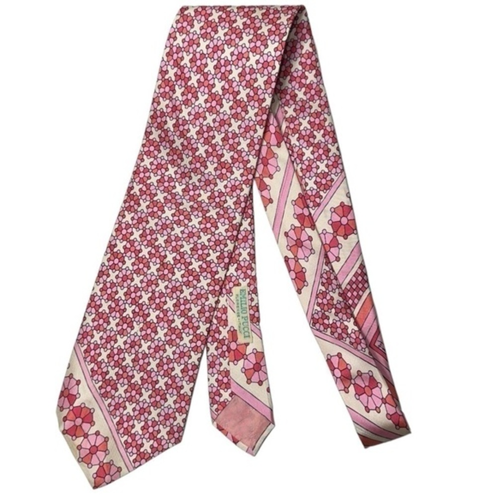 Emilio Pucci Saks Fifth Ave Vintage White Pink Print Silk Italy Necktie Tie